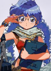 Rule 34 | :o, adjusting eyewear, bag, blue bag, blue hair, bra, bracelet, braid, breasts, carrying, carrying under arm, commentary, cowboy shot, curly hair, dot nose, facing viewer, glasses, grey scarf, hand up, highres, holding, holding bag, holding pencil, jewelry, long hair, looking at viewer, necklace, original, pants, parted lips, pencil, red bra, red pants, round eyewear, scarf, simple background, small breasts, solo, swept bangs, twin braids, underwear, very long hair, white background, yo-co