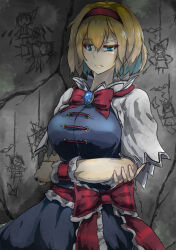 Rule 34 | 1girl, absurdres, alice margatroid, ascot, blonde hair, blue dress, blue eyes, blue gemstone, bow, bowtie, capelet, check commentary, chest jewel, commentary, commentary request, crack, cracked wall, crossed arms, dress, frilled ascot, frilled dress, frilled ribbon, frills, frown, gem, hairband, highres, horror (theme), indatsukasa, jewelry, lolita hairband, raised eyebrow, red bow, red bowtie, red hairband, red ribbon, ribbon, ring, scribble, short hair, stone wall, touhou, touhou cannonball, unamused, wall, white capelet