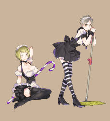 Rule 34 | 10s, 1boy, 1girl, ;), arm behind head, bare shoulders, black footwear, black skirt, black thighhighs, blonde hair, breasts, brown background, candy, candy cane, choker, cleavage, fang, fang out, food, frilled skirt, frills, garter straps, grey hair, haikyuu!!, high-waist skirt, high heels, highres, lace, lace-trimmed legwear, lace trim, large breasts, leaning forward, leaning on object, looking at viewer, maid, maid headdress, mop, one eye closed, puffy short sleeves, puffy sleeves, red eyes, shoes, short hair, short sleeves, simple background, sitting, skirt, smile, standing, striped clothes, striped thighhighs, sugawara koushi, suzukawa makoto, tanaka saeko (haikyuu!!), thick eyebrows, thighhighs, trap, wrist cuffs, yellow eyes