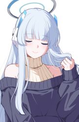 Rule 34 | 1girl, alternate costume, bare shoulders, black sweater, blue archive, blue hair, blunt bangs, closed mouth, halo, headgear, highres, holding, holding own hair, light blue hair, long hair, long sleeves, mechanical halo, noa (blue archive), off-shoulder sweater, off shoulder, puffy long sleeves, puffy sleeves, reia 76, simple background, sleeveless, sleeveless turtleneck, smile, solo, sweater, turtleneck, turtleneck sweater, upper body, white background, white halo, yellow sweater
