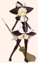 Rule 34 | 1girl, adapted costume, alternate costume, black thighhighs, blonde hair, blush, braid, broom, cleavage cutout, clothing cutout, curiosities of lotus asia, female focus, gloves, hair ribbon, hat, kirisame marisa, lace, legs, long sleeves, messy hair, miniskirt, ribbon, short hair, skirt, smile, solo, takaharu, thighhighs, touhou, witch, witch hat, yellow eyes, zettai ryouiki