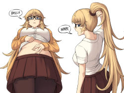 Rule 34 | 1girl, belly, bespectacled, black-framed eyewear, black pantyhose, blonde hair, blue eyes, breasts, brown skirt, clothes lift, commentary, english commentary, english text, furi2play!, glasses, hand in own hair, hand on own stomach, highres, jacket, large breasts, long hair, looking at viewer, margit hartmann, multiple views, navel, open mouth, orange jacket, pantyhose, peach88, ponytail, shirt, shirt lift, simple background, skirt, speech bubble, very long hair, white background, white shirt