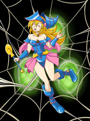 Rule 34 | 1girl, blonde hair, boots, breasts, cleavage, closed eyes, dark magician girl, helpless, krlitosss, long hair, magical girl, open mouth, paid reward available, peril, silk, simple background, spider web, stuck, yu-gi-oh!, yu-gi-oh! duel monsters