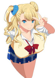 Rule 34 | 10s, 1girl, blonde hair, blue eyes, breasts, cleavage, covered erect nipples, female focus, galko, highres, kloah, large breasts, long hair, looking at viewer, oshiete! galko-chan, school uniform, skirt, smile, solo, v