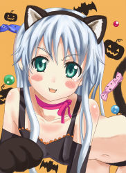 Rule 34 | 1girl, animal ears, animal hands, bat (animal), blush stickers, candy, cat ears, cat paws, cat tail, elbow gloves, fang, food, gloves, green eyes, halloween, highres, index (toaru majutsu no index), long hair, navel, neck ribbon, paw gloves, ribbon, silver hair, solo, tail, toaru majutsu no index, warabe (waraghi)