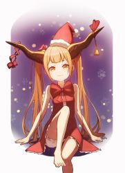 Rule 34 | 1girl, absurdres, alternate hairstyle, bare shoulders, barefoot, bell, blonde hair, blue background, blush, border, bow, bowtie, breasts, brown eyes, buttons, closed mouth, dress, fang, gradient background, hair ribbon, hat, highres, horns, ibuki suika, long hair, looking away, medium breasts, oeyama, orange hair, pom pom (clothes), purple background, red bow, red bowtie, red dress, red hat, red ribbon, ribbon, shadow, shorts, sitting, sleeveless, sleeveless dress, smile, snowflakes, solo, touhou, twintails, white background, white border, white shorts, yellow eyes