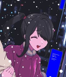 Rule 34 | 1girl, 1other, ame-chan (needy girl overdose), arm hug, black hair, closed eyes, coat, eencya, fur-trimmed coat, fur trim, hair ornament, hair over one eye, hair tie, hairclip, medium hair, needy girl overdose, night, official art, open mouth, outdoors, pixel art, second-party source, sidelocks, smile, snowing, solo focus, twintails, winter, winter clothes, x hair ornament