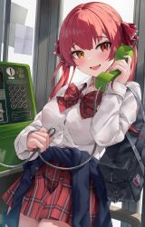 Rule 34 | 1girl, absurdres, alternate costume, averting eyes, bag, blue jacket, blush, bow, bowtie, breasts, clothes around waist, collared shirt, commentary request, corded phone, fang, fingernails, green nails, hair ribbon, heterochromia, highres, holding, holding phone, hololive, houshou marine, jacket, jacket around waist, kaguya (srx61800), leaning back, long hair, long sleeves, medium breasts, nail polish, open mouth, payphone, phone, phone booth, plaid, plaid skirt, pleated skirt, red bow, red bowtie, red eyes, red hair, red skirt, ribbon, school bag, school uniform, shirt, skin fang, skirt, smile, solo, talking on phone, twintails, virtual youtuber, white shirt, yellow eyes