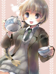 Rule 34 | 00s, 1girl, bad id, bad pixiv id, blue eyes, blush, braid, brown hair, cup, lynette bishop, necktie, panties, single braid, smile, solo, strike witches, tea, teacup, teapot, underwear, world witches series