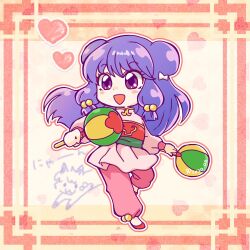 1girl bow chibi chinese_clothes chui_(weapon) dated hair_bow heart holding holding_weapon long_hair misuzu_rie open_mouth pants pink_footwear pink_pants purple_eyes purple_hair ranma_1/2 shampoo_(cat) shampoo_(ranma_1/2) sidelocks smile weapon white_bow