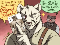 Rule 34 | 3boys, 9klipse, abs, animal ears, artist name, bara, brown vest, card, claws, commentary, coyote boy, echo project, english commentary, english text, fruitz (fruitzjam), furry, furry male, gradient background, holding, holding card, looking at another, looking at viewer, male focus, multiple boys, muscular, muscular male, notched ear, nude, one eye closed, open mouth, otter boy, otter ears, panther boy, panther ears, pectorals, pubic hair, red background, red eyes, samuel ayers (the smoke room), shirt, sparkle, speech bubble, suggestive fluid, suspenders, testicles, the smoke room, todd bronson (the smoke room), upper body, vest, watch, whiskers, white shirt, william adler (the smoke room), wolf ears, wristwatch