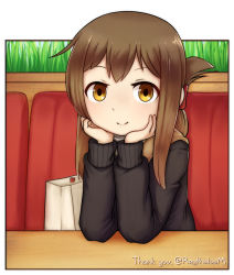 Rule 34 | 1girl, blush, brown eyes, brown hair, closed mouth, hands on own head, head rest, inazuma (kancolle), jacy, kantai collection, long sleeves, looking at viewer, medium hair, sitting, smile, solo, sweater