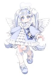 Rule 34 | 1girl, angel, angel wings, bag, bandage on knee, blue dress, blue eyes, blue footwear, blue hair, blunt bangs, collar, commentary request, cross hair ornament, dot nose, dress, fishnet socks, fishnets, footwear ribbon, frilled collar, frilled dress, frilled sleeves, frilled socks, frills, hair ornament, hairpin, halo, heart, heart hair ornament, heart halo, heart necklace, jewelry, knees together feet apart, light blue hair, light blush, long hair, long sleeves, maid headdress, mary janes, medium dress, necklace, nichijou kamoshirenai, original, outstretched arms, parted lips, pearl anklet, puffy long sleeves, puffy sleeves, rabbit hair ornament, shoes, shoulder bag, sidelocks, simple background, socks, solo, sora (wolrero), spread arms, standing, standing on one leg, tareme, twintails, very long hair, white background, white collar, wings, wolrero, zipper dress