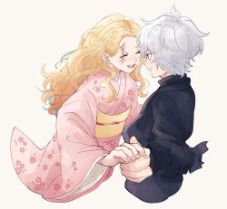 Rule 34 | 1boy, 1girl, absurdres, blonde hair, blush, closed eyes, closed mouth, commentary request, couple, floral print, gabimaru, happy, highres, holding hands, japanese clothes, jigokuraku, kimono, kon (ocean0028), long hair, long sleeves, looking at another, looking at viewer, obi, open mouth, pink kimono, sash, scar, scar on face, short hair, simple background, smile, teeth, upper body, upper teeth only, wavy hair, white background, white hair, wide sleeves, yui (jigokuraku)