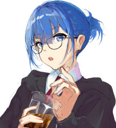 Rule 34 | 1girl, aemo, alternate hairstyle, bespectacled, black-framed eyewear, black jacket, blue eyes, blue hair, borrowed character, collared shirt, cup, disposable cup, drink, erika (mads ez), glasses, highres, holding, holding drink, indonesian commentary, jacket, looking at viewer, necktie, open mouth, original, red necktie, shirt, sidelocks, solo, upper body, white background, white shirt
