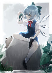 Rule 34 | 1girl, absurdres, animal, black footwear, blue bow, blue dress, blue eyes, blue hair, blush, bow, cirno, collared shirt, detached wings, dress, fairy, frog, full body, hair between eyes, hair bow, highres, holding, holding animal, ice, ice wings, open mouth, pyonta, rokuya (68 zusao), shirt, shoes, short hair, short sleeves, socks, solo, touhou, white shirt, white socks, wings