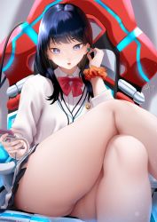 Rule 34 | 1girl, bare legs, black hair, black skirt, blue eyes, cardigan, chair, collared shirt, commentary, crossed legs, dress shirt, earphones, eyebrows hidden by hair, foreshortening, gridman universe, hand up, highres, holding, holding phone, looking at viewer, miniskirt, open mouth, orange scrunchie, phone, scrunchie, shirt, signature, sitting, skirt, smartphone case, ssss.gridman, swept bangs, symbol-only commentary, takarada rikka, teeth, thick thighs, thighs, upper teeth only, white cardigan, white shirt, wrist scrunchie, zasshu