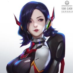 Rule 34 | 1girl, backlighting, blue eyes, blue hair, bodysuit, breasts, chair, character name, commentary, copyright name, d.mon (overwatch), english commentary, eyelashes, from side, happy, headphones, horns, large breasts, lips, looking back, looking to the side, medium hair, nose, overwatch, overwatch 1, parted lips, pilot seat, pilot suit, simple background, sitting, smile, solo, upper body, white background, zeronis