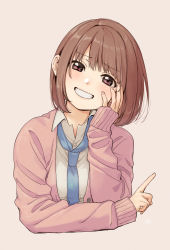 Rule 34 | 1girl, blue necktie, brown eyes, brown hair, cardigan, collared shirt, commentary request, grin, hand on own cheek, hand on own face, hand up, head rest, highres, index finger raised, kawai makoto, light blush, long sleeves, looking at viewer, nail polish, necktie, open cardigan, open clothes, original, pink cardigan, pink nails, shirt, simple background, sleeves past wrists, smile, solo, teeth, upper body, white background, white shirt