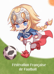 Rule 34 | 1girl, ball, blonde hair, blue eyes, braid, cape, chibi, closed mouth, commentary request, fate/apocrypha, fate/grand order, fate (series), flag, french flag, headpiece, highres, jeanne d&#039;arc (fate), jeanne d&#039;arc (ruler) (fate), long braid, long hair, simple background, single braid, smile, soccer, soccer ball, soccer uniform, solo, spirit (624793092), sportswear, very long hair, world cup