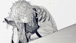 Rule 34 | 1boy, curly hair, closed eyes, facing viewer, gloves, greyscale, grin, hair over one eye, haori, highres, ichimonji norimune, japanese clothes, male focus, monochrome, partially fingerless gloves, smile, tandem, touken ranbu, upper body