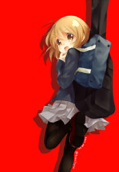 Rule 34 | 1girl, :d, back-seamed legwear, bag, black pantyhose, blonde hair, brown eyes, from behind, guitar case, hair ornament, hairclip, hirasawa yui, instrument case, k-on!, looking back, open mouth, pantyhose, school bag, school uniform, seamed legwear, short hair, shrine, simple background, smile, solo, taoru