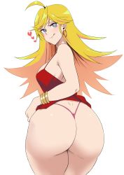 Rule 34 | 1girl, absurdres, ahoge, ass, ass focus, bangle, blonde hair, bracelet, breasts, clothes lift, commentary, cowboy shot, dimples of venus, dress, dress lift, earrings, from behind, heart, highres, hoop earrings, huge ass, jewelry, licking lips, long hair, looking at viewer, minakami (flyingman555), panties, panty &amp; stocking with garterbelt, panty (psg), pink panties, red dress, simple background, sleeveless, sleeveless dress, solo, thick thighs, thighs, thong, tongue, tongue out, twisted torso, underwear, v-shaped eyebrows