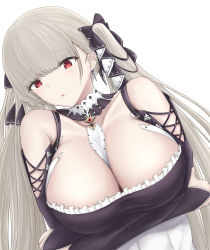 Rule 34 | 1girl, azur lane, bare shoulders, breasts, cleavage, cleavage cutout, clothing cutout, dress, dutch angle, formidable (azur lane), frilled dress, frills, gothic lolita, grey hair, highres, huge breasts, kaima5100 ika, lolita fashion, long hair, neckwear between breasts, red eyes, ribbon, simple background, solo, twintails, two-tone dress, two-tone ribbon, very long hair, white background