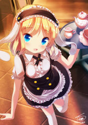 Rule 34 | 1girl, :d, animal ears, apron, arm up, bad id, bad pixiv id, black skirt, blonde hair, blouse, blue eyes, blush, breasts, chair, collared shirt, commentary request, cowboy shot, cup, fake animal ears, fleur de lapin uniform, floppy ears, frilled apron, frilled shirt, frilled skirt, frills, from above, gochuumon wa usagi desu ka?, headdress, highres, holding, holding tray, indoors, kirima syaro, looking at viewer, mokachino, open mouth, puffy short sleeves, puffy sleeves, rabbit ears, saucer, shirt, short hair, short sleeves, signature, skirt, small breasts, smile, solo, standing, standing on one leg, table, teacup, teapot, thighhighs, tile floor, tiles, tray, underbust, waist apron, white apron, white shirt, white thighhighs, wing collar, zettai ryouiki