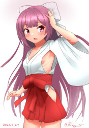 Rule 34 | 1girl, alternate breast size, alternate costume, armpit cutout, bow, breasts, clothing cutout, dated, hair bow, hakama, hakama short skirt, hakama skirt, hip vent, japanese clothes, kamikaze (kancolle), kantai collection, long hair, miko, one-hour drawing challenge, purple hair, ray.s, red eyes, red hakama, sideboob, skirt, small breasts, solo, twitter username, white bow, wide sleeves