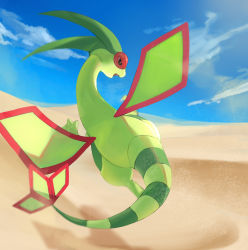 Rule 34 | black eyes, bright pupils, cloud, commentary, creatures (company), day, desert, fang, flygon, flying, from behind, game freak, gen 3 pokemon, highres, horezai, nintendo, open mouth, outdoors, pokemon, sand, sky, white pupils