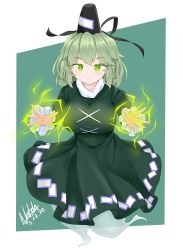 Rule 34 | 1girl, absurdres, black hat, border, breasts, closed mouth, cross-laced clothes, dated, dress, electricity, frilled sleeves, frills, full body, ghost tail, green background, green dress, green eyes, green hair, hat, highres, large breasts, long sleeves, looking at viewer, natch imaycz, ofuda, ofuda on clothes, short hair, signature, simple background, smile, soga no tojiko, solo, tate eboshi, touhou, white border