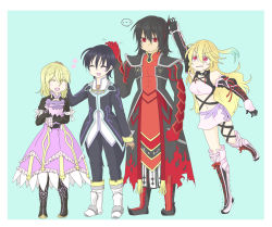 Rule 34 | 2boys, 2girls, ahoge, armor, bare shoulders, black hair, blonde hair, blue background, boots, breasts, choker, coat, dress, elbow gloves, elize lutus, closed eyes, flower, frills, gaius (tales), gloves, hair ornament, highres, jude mathis, midriff, milla maxwell, multicolored hair, multiple boys, multiple girls, navel, open mouth, pants, red eyes, ribbon, short hair, skirt, tales of (series), tales of xillia, teepo (tales)