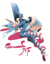 Rule 34 | 1girl, aircraft, airplane, animal ears, artist name, ass, bare shoulders, blue hair, character name, crossed arms, grumman f4f, lipstick, long hair, lying, makeup, mecha musume, military, nano (nanosize), original, personification, signature, simple background, smile, solo, striped, white background, wings, world war ii