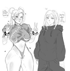 1girl blue_eyes bracelet capcom chun-li crop_top ear_piercing hood hoodie imfansfw jewelry long_hair pants piercing speech_bubble spiked_bracelet spikes street_fighter sweatpants thick_thighs thighs