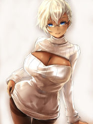 Rule 34 | 1girl, black pantyhose, blonde hair, blue eyes, blush, breasts, cleavage, cleavage cutout, clothing cutout, dark-skinned female, dark skin, gin ji, glasses, large breasts, looking at viewer, meme attire, open-chest sweater, original, pantyhose, ribbed sweater, short hair, simple background, smile, solo, sweater, thighband pantyhose, turtleneck