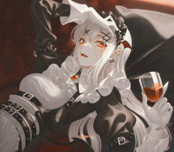 Rule 34 | 1girl, alcohol, belt, character request, copyright request, couch, cup, drinking glass, fangs, frills, gloves, looking at viewer, loose clothes, low wings, lying, maid, maid headdress, medium hair, on back, on couch, open mouth, pillow, pointy ears, red eyes, white hair, wine, wine glass, wings, yuka865