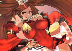Rule 34 | 1girl, absurdres, bare shoulders, blush, bow, bow panties, breasts, brown eyes, china dress, chinese clothes, closed mouth, covered erect nipples, detached sleeves, dress, guilty gear, guilty gear xrd, hair ornament, hairclip, highres, kuradoberi jam, large breasts, long hair, panties, shaded face, simple background, skin tight, skirt, smile, solo, tano t, tongue, tongue out, underwear, white panties, wide sleeves