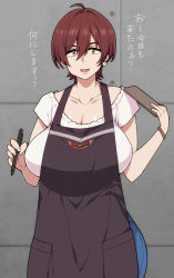 Rule 34 | 1girl, ahoge, alternate breast size, apron, blouse, breasts, brown hair, cleavage, collarbone, earrings, gridman universe, highres, jewelry, large breasts, looking at viewer, mature female, open mouth, otogi tetsurou, pants, pen, shirt, short hair, short sleeves, solo, ssss.gridman, takarada orie