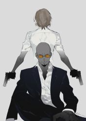 Rule 34 | &gt;:), 10s, 2boys, akechi gorou, artist name, back, bald, dual wielding, evil eyes, facial hair, father and son, from behind, glasses, gloves, goatee, grey background, greyscale, gun, handgun, highres, holding, holding gun, holding weapon, jacket, kaninn, crossed legs, looking at viewer, male focus, monochrome, multiple boys, open clothes, open jacket, orange eyes, pants, persona, persona 5, semi-rimless eyewear, shidou masayoshi, shirt, short sleeves, simple background, sitting, smile, spoilers, spot color, standing, suit jacket, v-shaped eyebrows, weapon, wing collar