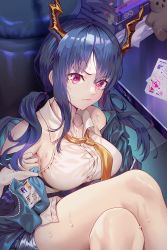 Rule 34 | 1girl, arknights, armpits, bad id, bad pixiv id, blue hair, breasts, ch&#039;en (arknights), closed mouth, commentary request, hair between eyes, hair ornament, highres, holding, horns, large breasts, long hair, looking at viewer, necktie, orange necktie, red eyes, shirt, sidelocks, solo, wangxiii, white shirt