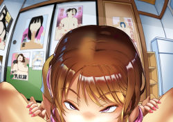 Rule 34 | 1girl, blush, bottomless, breasts, breasts out, brown hair, deepthroat, earrings, facing viewer, fellatio, hands on another&#039;s thighs, highres, jewelry, kneeling, large breasts, legs, long hair, looking at viewer, lying, nail polish, nose, nostrils, ochiyo-san, oral, original, poster (object), pov, purple eyes, skirt, stud earrings, thighs