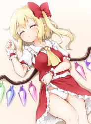 Rule 34 | 1girl, ascot, blonde hair, bow, closed eyes, clothes lift, commentary request, flandre scarlet, hair bow, highres, lifted by self, long hair, miniskirt, panties, pointy ears, puffy short sleeves, puffy sleeves, red bow, red skirt, red vest, shirt, short sleeves, side ponytail, skirt, skirt lift, skirt set, sleeping, solo, suwa yasai, touhou, underwear, vest, white panties, white shirt, wings, wrist cuffs, yellow ascot
