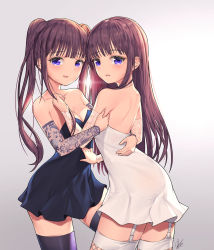 Rule 34 | 2girls, backless dress, backless outfit, bad id, bad pixiv id, bare shoulders, black dress, black legwear, blush, brown hair, collarbone, commentary request, dduck kong, detached sleeves, dress, fishnet legwear, fishnets, garter straps, grabbing another&#039;s hair, grey background, highres, long hair, looking at viewer, looking to the side, multiple girls, original, purple eyes, see-through, siblings, signature, simple background, sisters, strapless, strapless dress, thighhighs, twins, twintails, very long hair, white dress, white legwear
