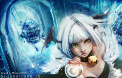 Rule 34 | 1girl, bell, black wings, bottle, breasts, choker, cleavage, commentary, dated, demon wings, ekaterina orange, english commentary, fur-trimmed jacket, fur trim, gazeti, head wings, holding, holding bottle, ice, ice cave, jacket, jingle bell, looking to the side, medium breasts, monster, neck bell, open clothes, open jacket, open mouth, potion, ragnarok online, rogue (ragnarok online), short hair, signature, upper body, watermark, web address, white hair, wings