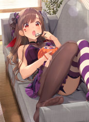 Rule 34 | 1girl, :o, asymmetrical legwear, bag, bare arms, bare shoulders, bead necklace, beads, black pantyhose, blush, breasts, brown hair, candy, cleavage, couch, day, dress, eating, facial mark, feet, food, hair ornament, halloween, highres, holding, holding food, idolmaster, idolmaster shiny colors, indoors, jewelry, joey koguma, knees up, lens flare, lollipop, long hair, looking at viewer, lying, medium breasts, mismatched legwear, necklace, on back, on couch, open mouth, pantyhose, pillow, purple dress, red eyes, red wings, single leg pantyhose, sleeveless, sleeveless dress, solo, sonoda chiyoko, star (symbol), star hair ornament, striped clothes, striped thighhighs, sunlight, tareme, thighhighs, toes, torn clothes, torn legwear, uneven legwear, wings