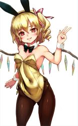 Rule 34 | 1girl, alternate costume, animal ears, bad id, bad twitter id, bare arms, bare shoulders, black bow, black bowtie, black pantyhose, blonde hair, blush, bow, bowtie, breasts, covered navel, detached collar, drill hair, fake animal ears, flandre scarlet, hair ribbon, hairband, highleg, highleg leotard, kabocha head, leotard, looking at viewer, one side up, pantyhose, playboy bunny, pointy ears, rabbit ears, red eyes, red ribbon, ribbon, small breasts, smile, solo, touhou, v, wings, wrist cuffs, yellow leotard