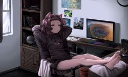 Rule 34 | 1girl, absurdres, animal ears, band, barefoot, cat ears, computer, dice, dungeons &amp; dragons, flat chest, game console, grey eyes, highres, legs, lobsteranian, made in abyss, map, meme attire, monster (drink), nintendo switch, no pants, open-chest sweater, red hair, sweater, xbox 360, yu-gi-oh!