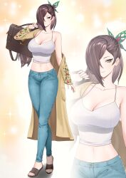 Rule 34 | 1girl, absurdres, alternate costume, breasts, brown eyes, brown hair, butterfly hair ornament, camisole, commentary, crop top, denim, feet, fire emblem, fire emblem fates, fire emblem heroes, flip-flops, hair ornament, highres, jeans, kagero (fire emblem), kagero (resplendent) (fire emblem), large breasts, legs, long hair, looking at viewer, mari48240422, midriff, multiple views, navel, nintendo, off shoulder, pants, sandals, single bare shoulder, smile, spaghetti strap, standing, stomach, thighs, toenails, toes, very long hair