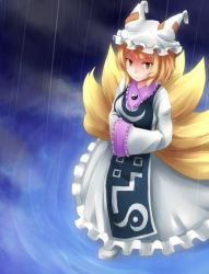 Rule 34 | 1girl, anata (lighttuner), blonde hair, breasts, dress, fox tail, frilled dress, frills, hands in opposite sleeves, hat, highres, kitsune, multiple tails, perfect cherry blossom, rain, ripples, shoes, short hair, sleeves past wrists, smile, solo, tail, touhou, water, yakumo ran, yellow eyes